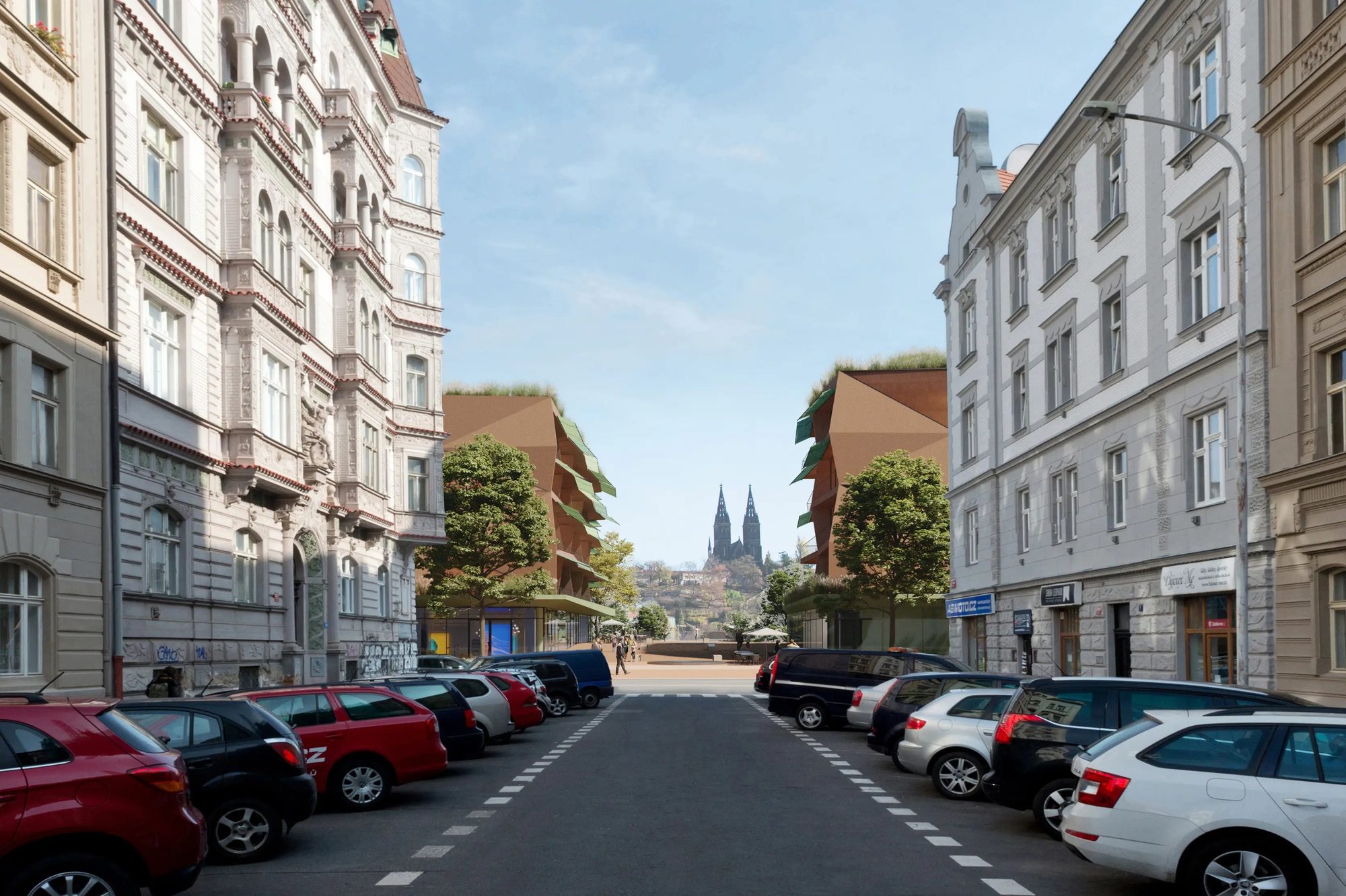 Šemíkův břeh — průhled na Vyšehrad